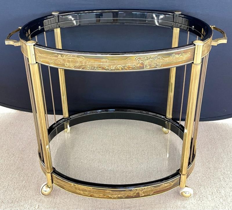 Mastercraft, Mid-Century Modern, Rolling Bar Cart, Etched Brass, Lacquer, 1960s - 2