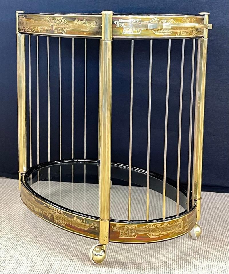 Mastercraft, Mid-Century Modern, Rolling Bar Cart, Etched Brass, Lacquer, 1960s - 6