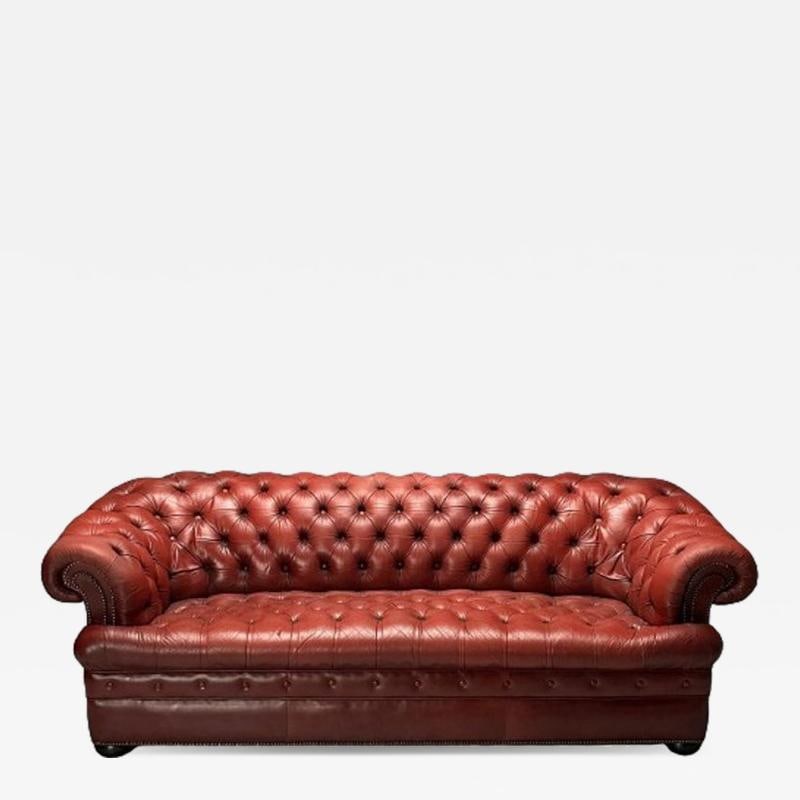 Georgian, Chesterfield Sofa, Tufted, Red Distressed Leather, Bun Feet, 2000s (1 of 11)