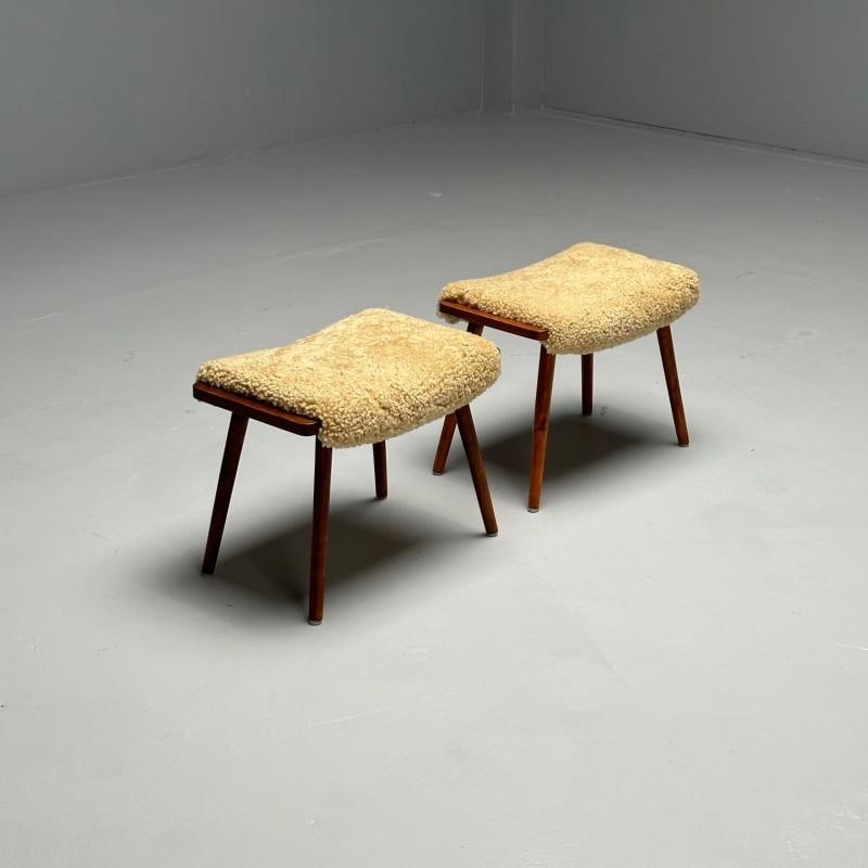 Swedish Mid-Century Modern, Stools, Honey Sheepskin, Walnut, Sweden, 1970s - 2