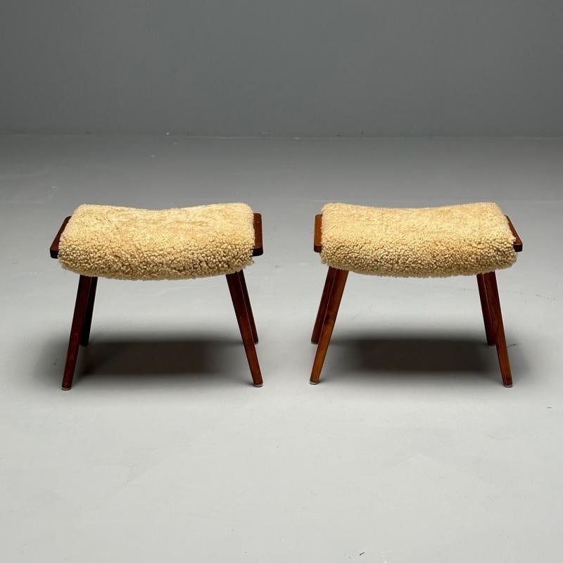 Swedish Mid-Century Modern, Stools, Honey Sheepskin, Walnut, Sweden, 1970s - 5