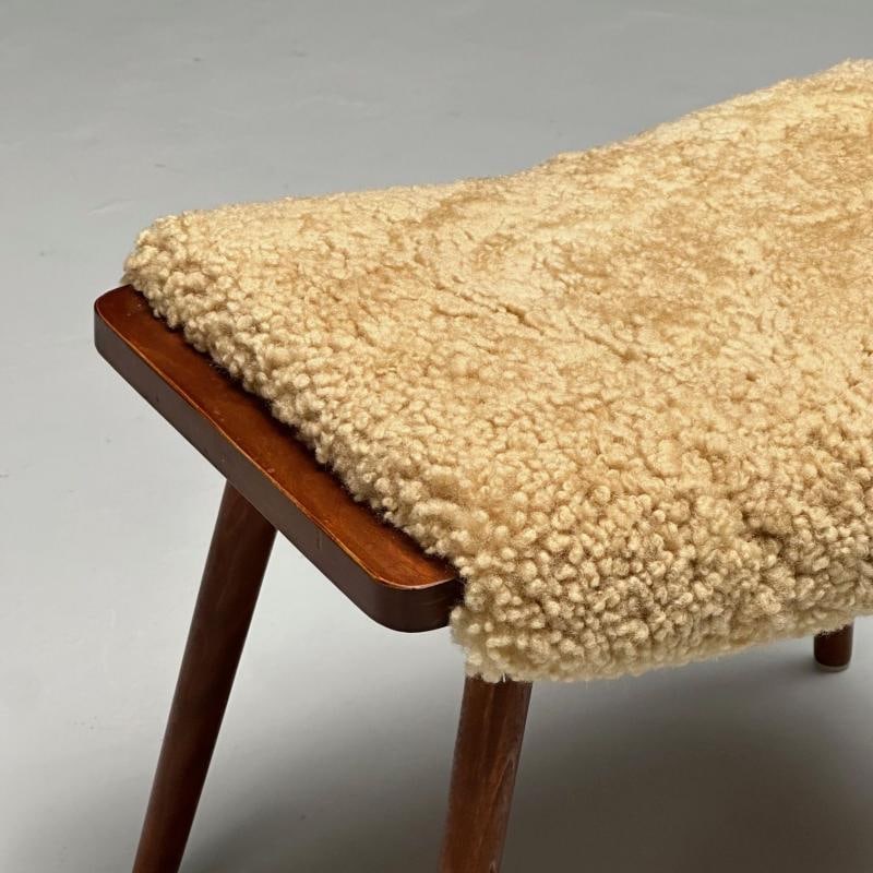 Swedish Mid-Century Modern, Stools, Honey Sheepskin, Walnut, Sweden, 1970s - 7