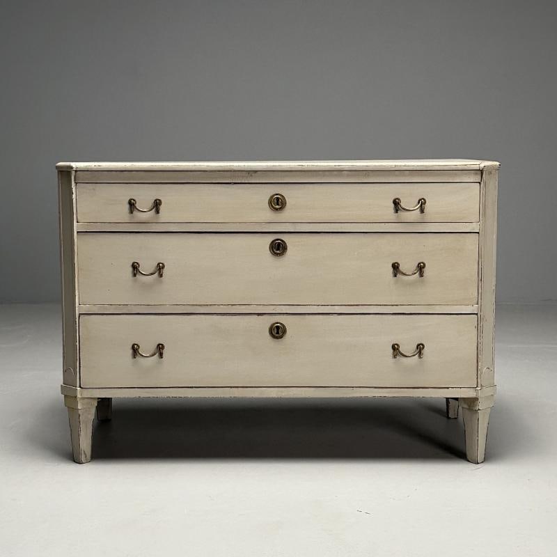 Gustavian, Swedish Commode, Gray Paint Distressed, Brass, Sweden, 1900s - 2