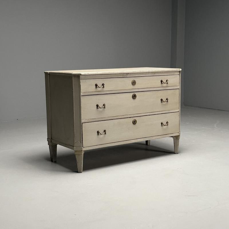 Gustavian, Swedish Commode, Gray Paint Distressed, Brass, Sweden, 1900s - 3