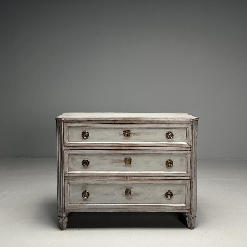 Gustavian, Swedish Commode, Gray Paint Distressed, Brass, Sweden, 1800s - 2