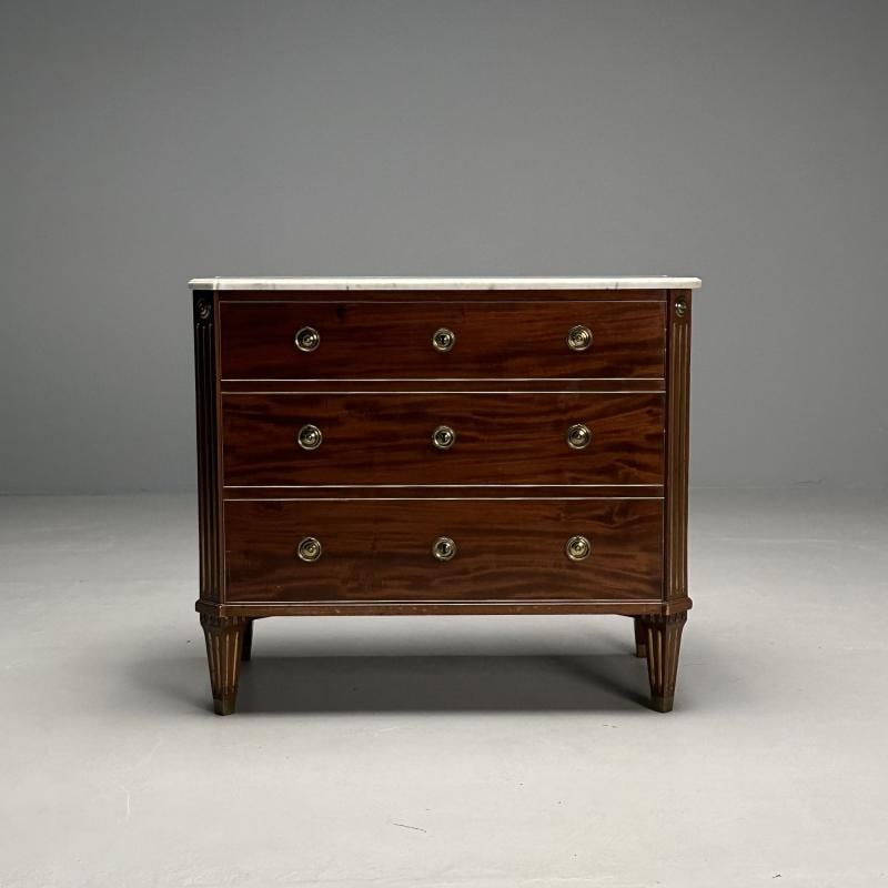 Gustavian, Louis XVI Style, Swedish Chest, Walnut, Brass, Marble, Sweden, 1960s - 2