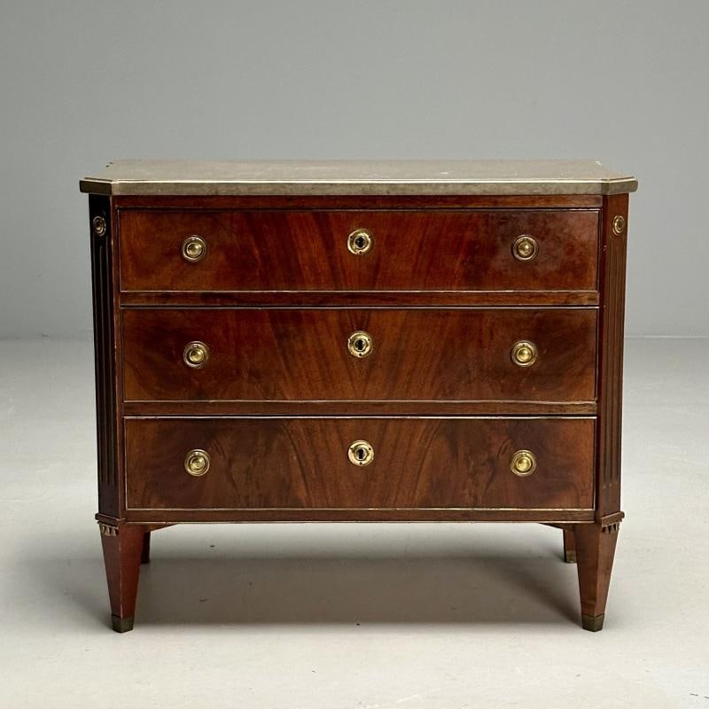 Gustavian, Louis XVI Style, Small Swedish Chest, Brass, Marble, Sweden, 1970s - 2