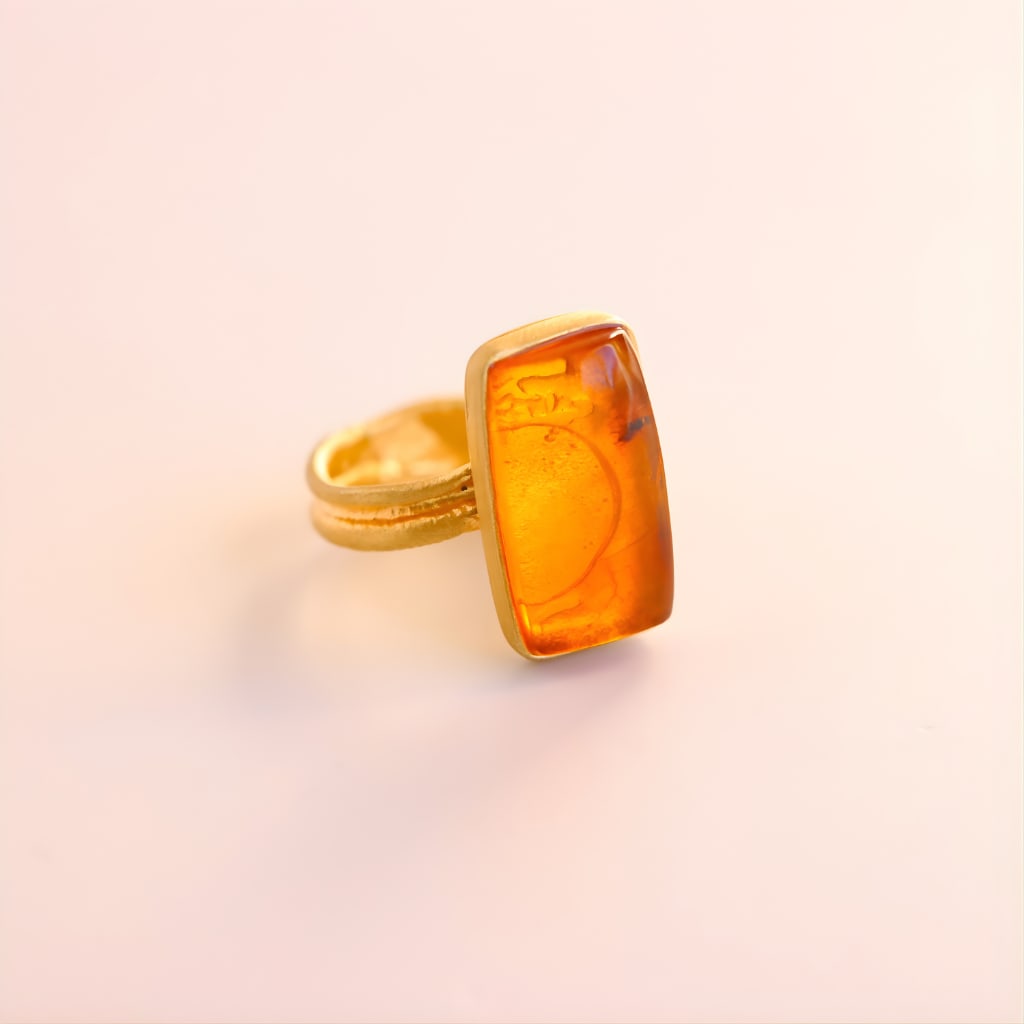 Cognac Baltic Amber Fossil Ant Ring 14K Gold Plated Silver - 2