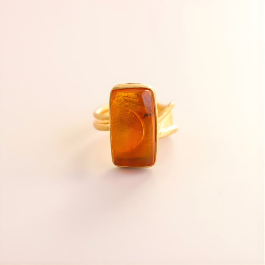 Cognac Baltic Amber Fossil Ant Ring 14K Gold Plated Silver - 3