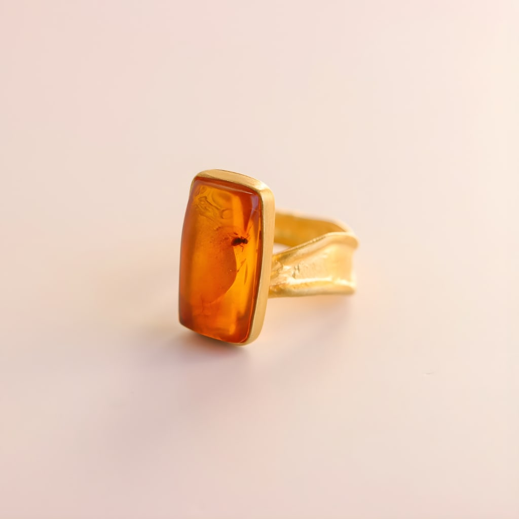 Cognac Baltic Amber Fossil Ant Ring 14K Gold Plated Silver - 4