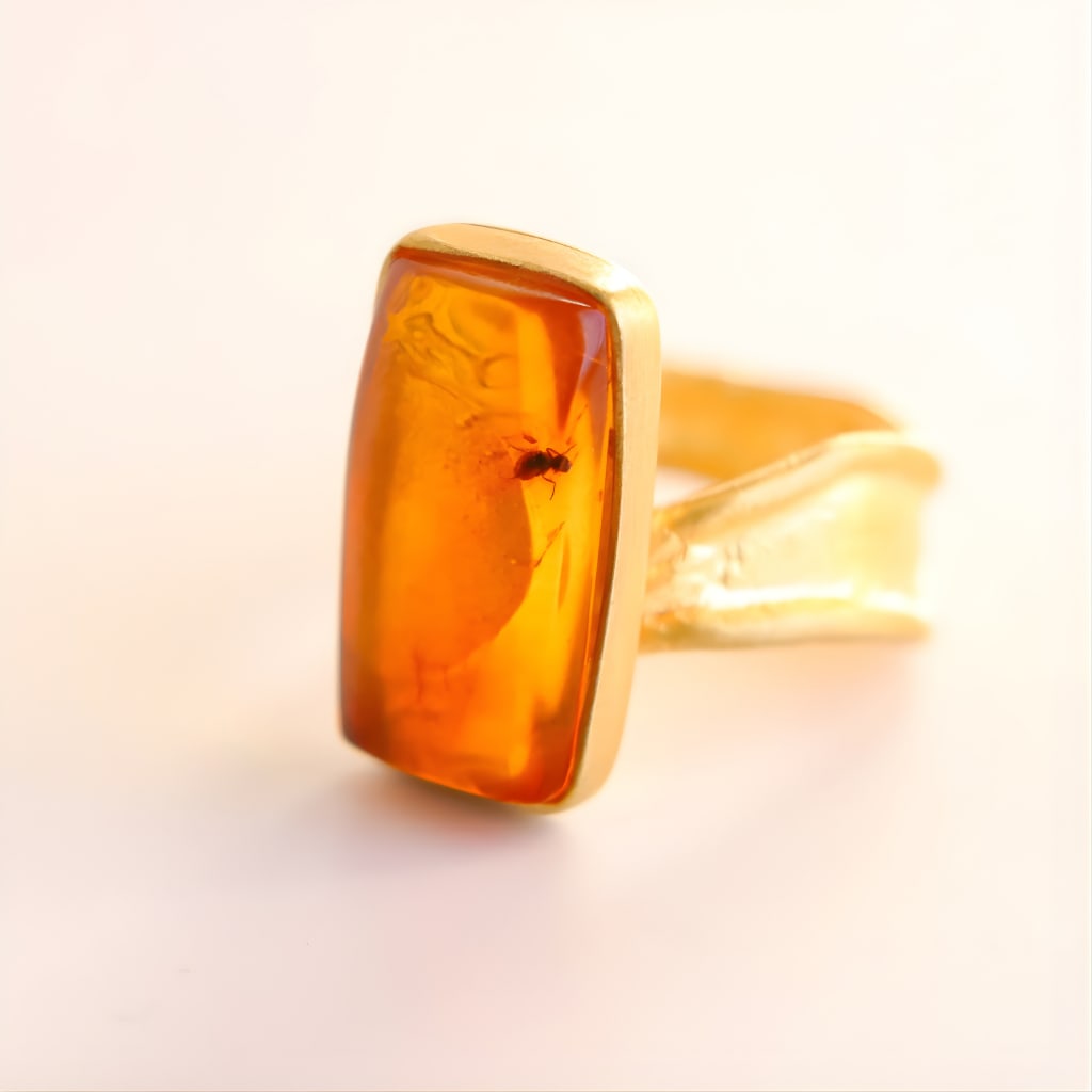 Cognac Baltic Amber Fossil Ant Ring 14K Gold Plated Silver - 7