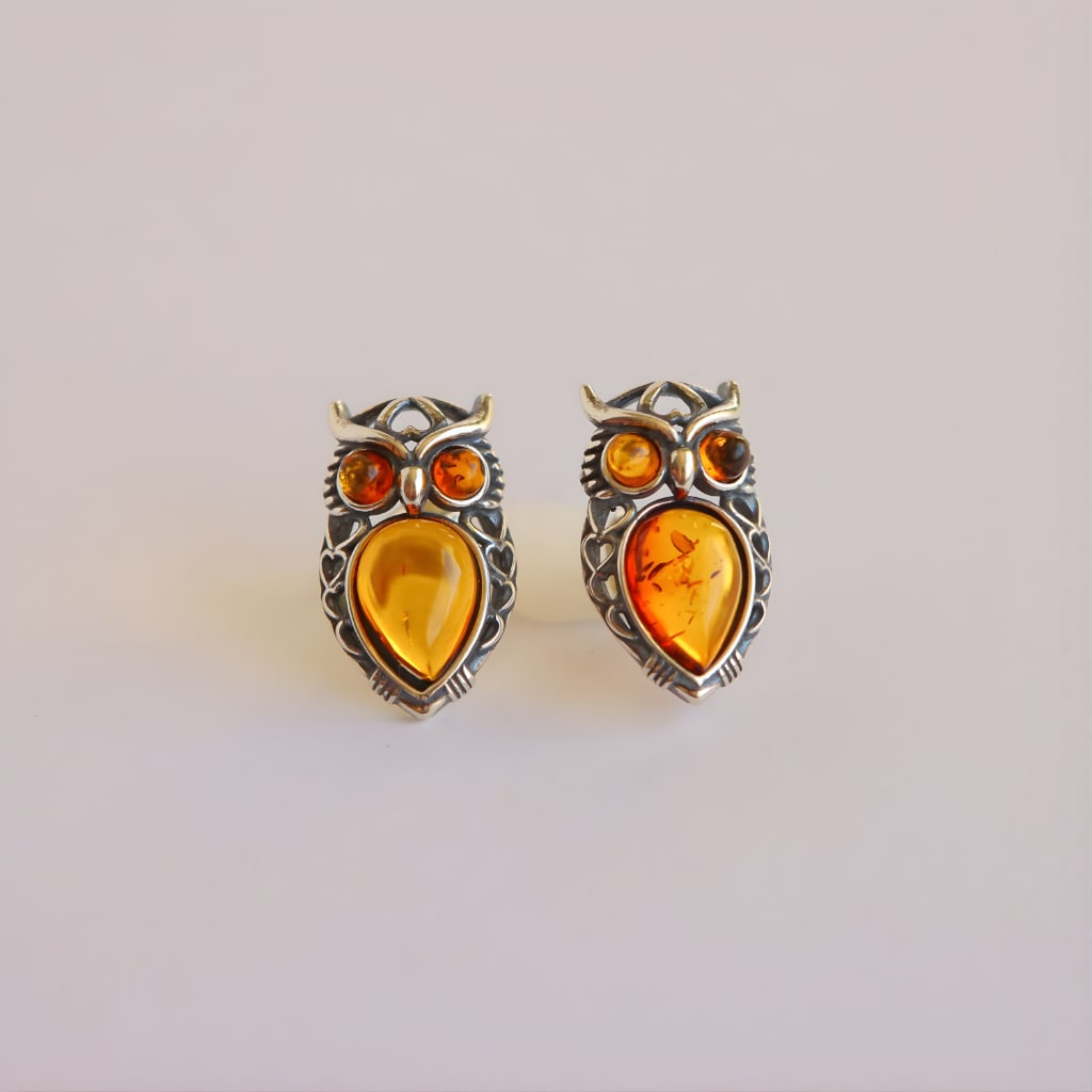 Baltic Cognac Amber Owl Stud Earrings Sterling Silver (1 of 5)