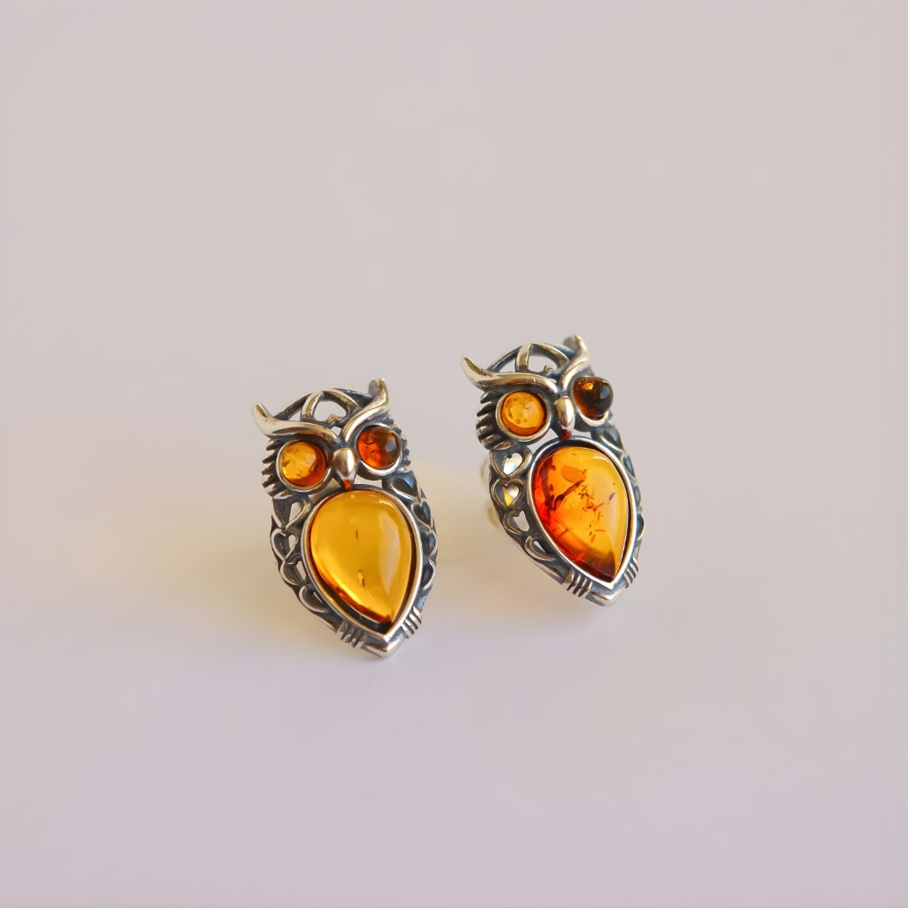 Baltic Cognac Amber Owl Stud Earrings Sterling Silver - 2