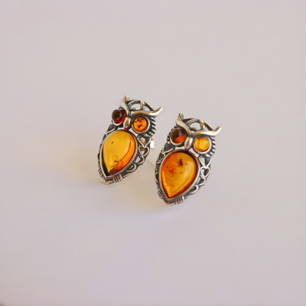 Baltic Cognac Amber Owl Stud Earrings Sterling Silver - 3