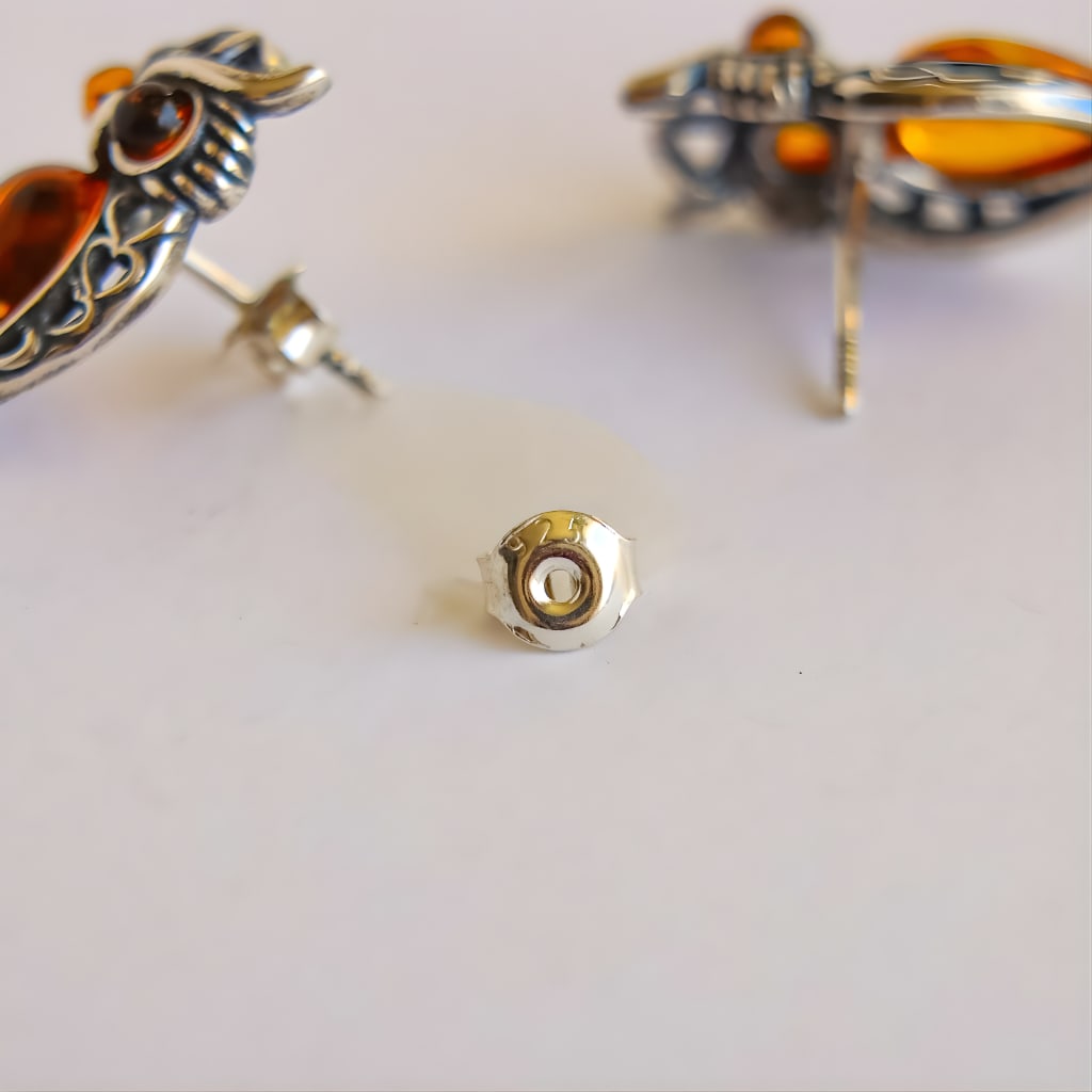 Baltic Cognac Amber Owl Stud Earrings Sterling Silver - 4