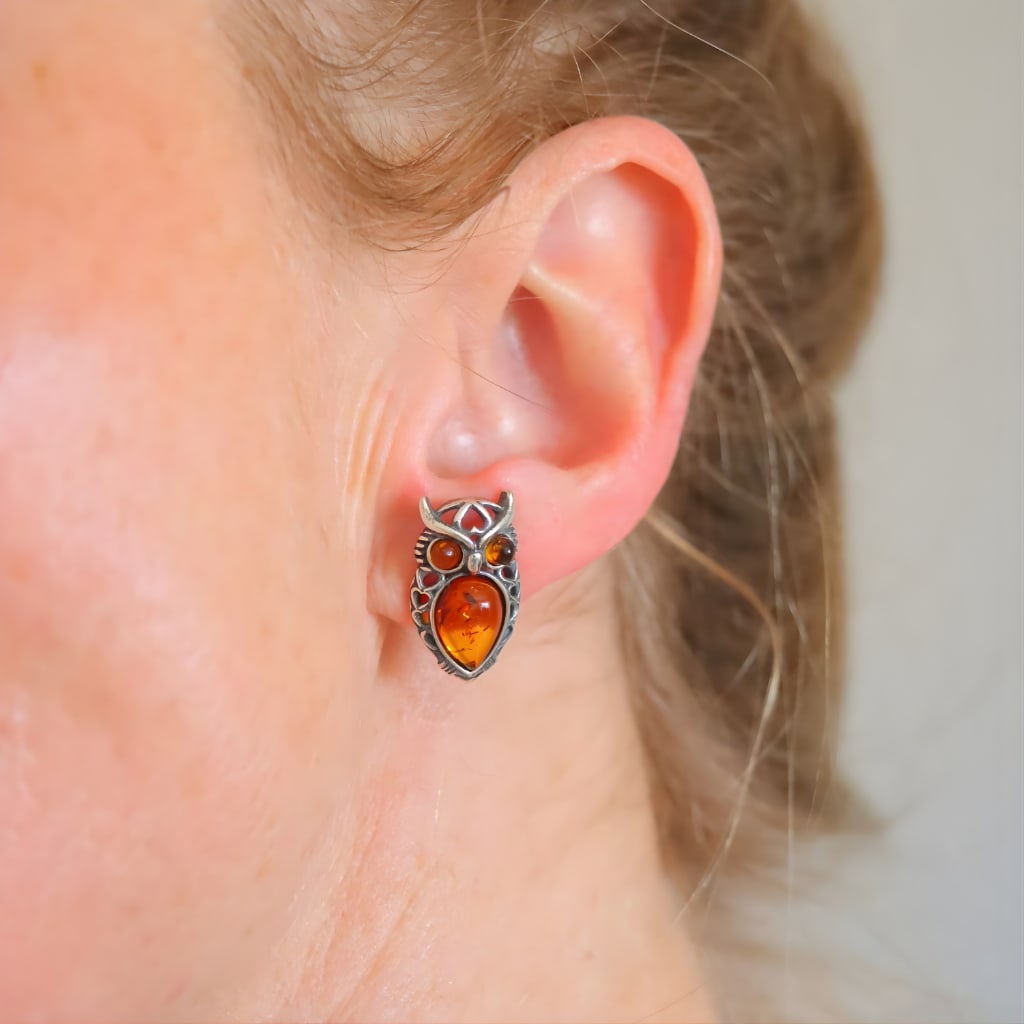 Baltic Cognac Amber Owl Stud Earrings Sterling Silver - 5