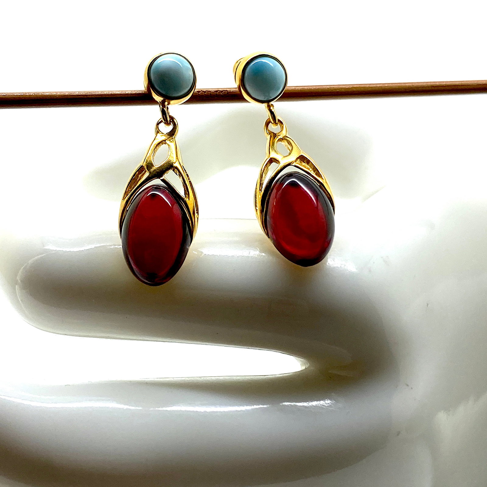 Beautiful Amber Earrings with Larimar - 5