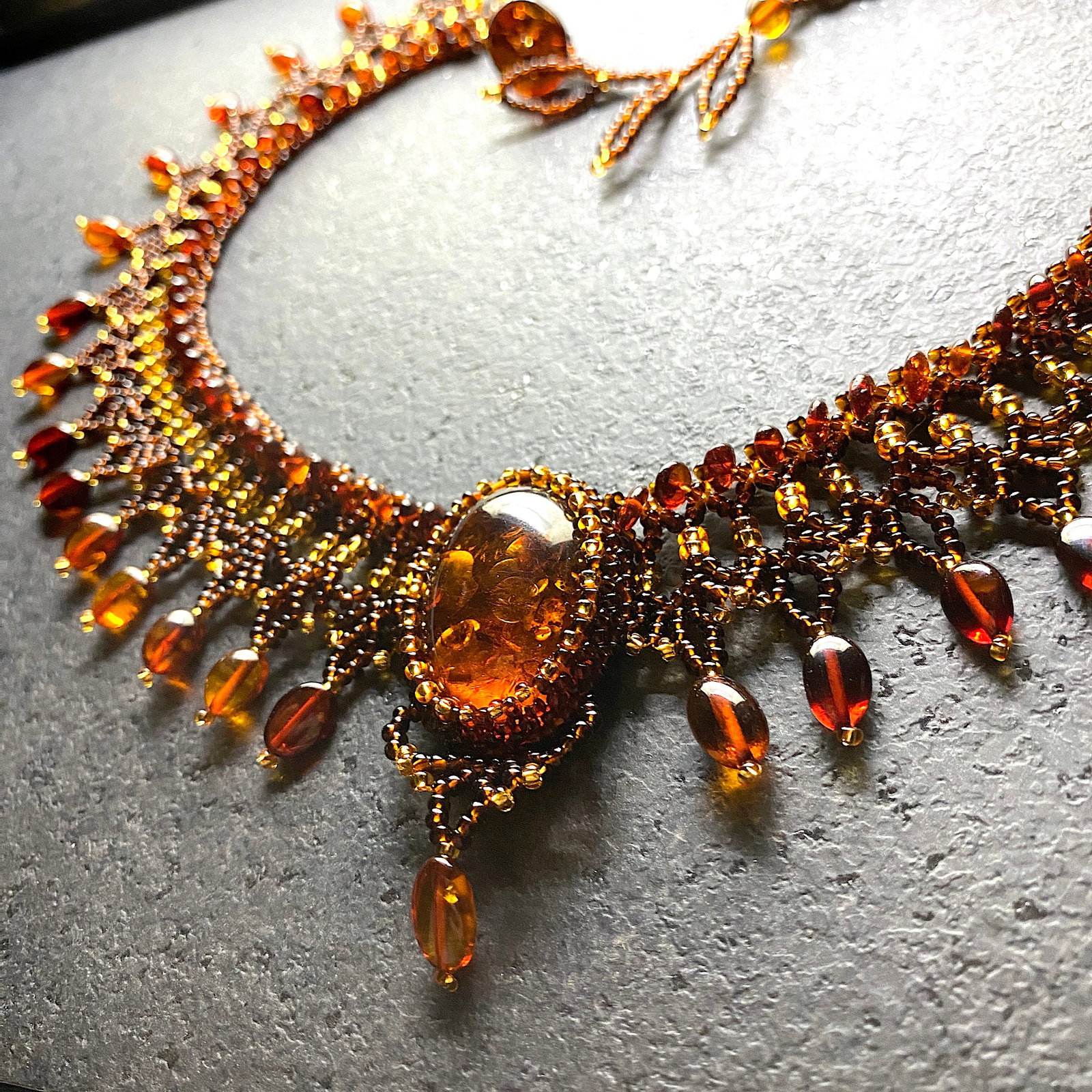 Outstanding Unique Vintage Amber Floral Necklace made from leaf like bead ornaments - 2