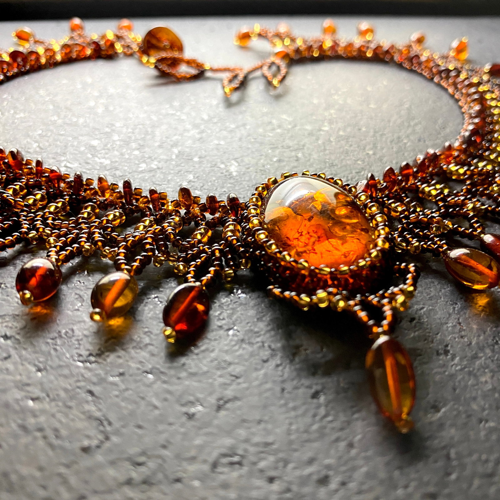 Outstanding Unique Vintage Amber Floral Necklace made from leaf like bead ornaments - 3