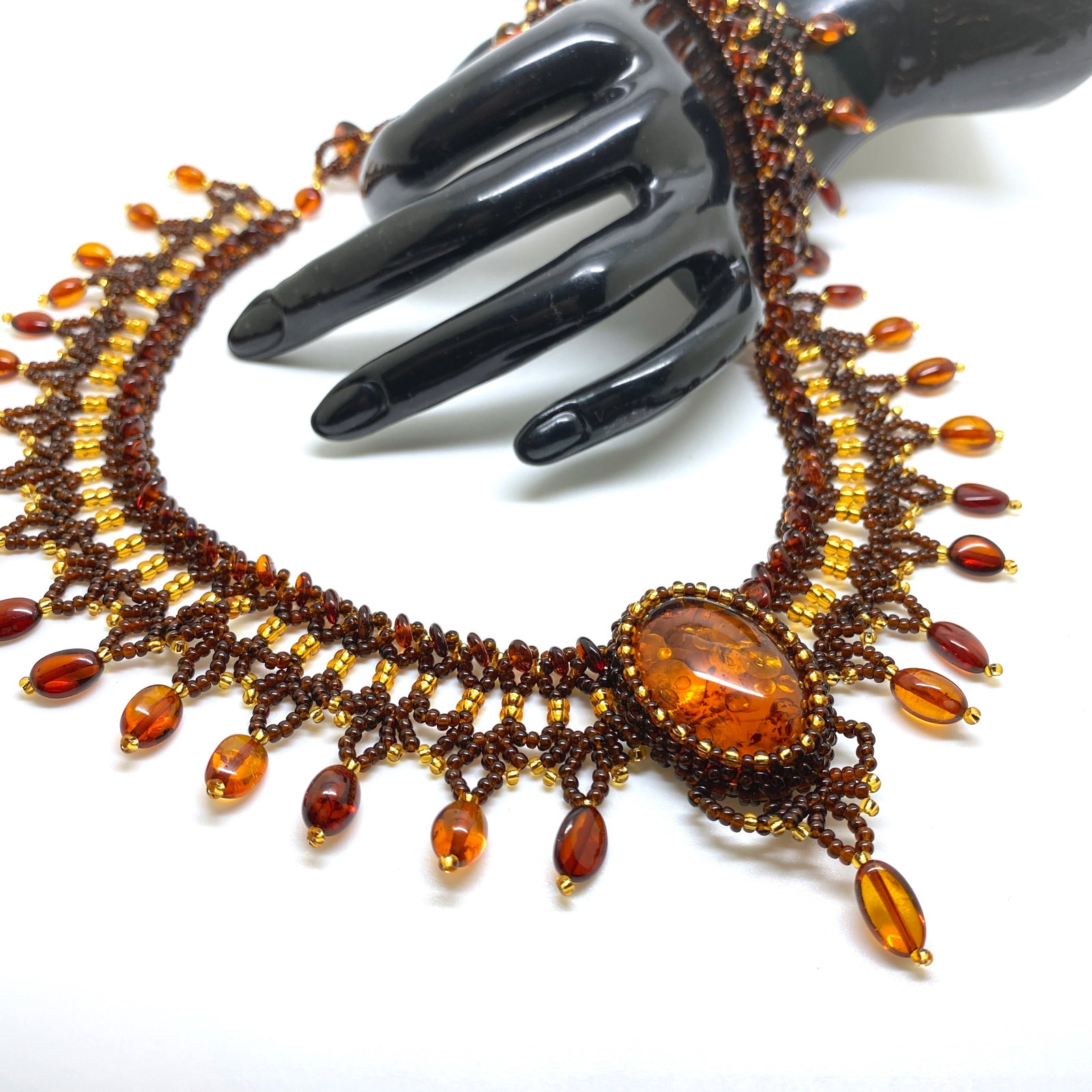 Outstanding Unique Vintage Amber Floral Necklace made from leaf like bead ornaments - 4