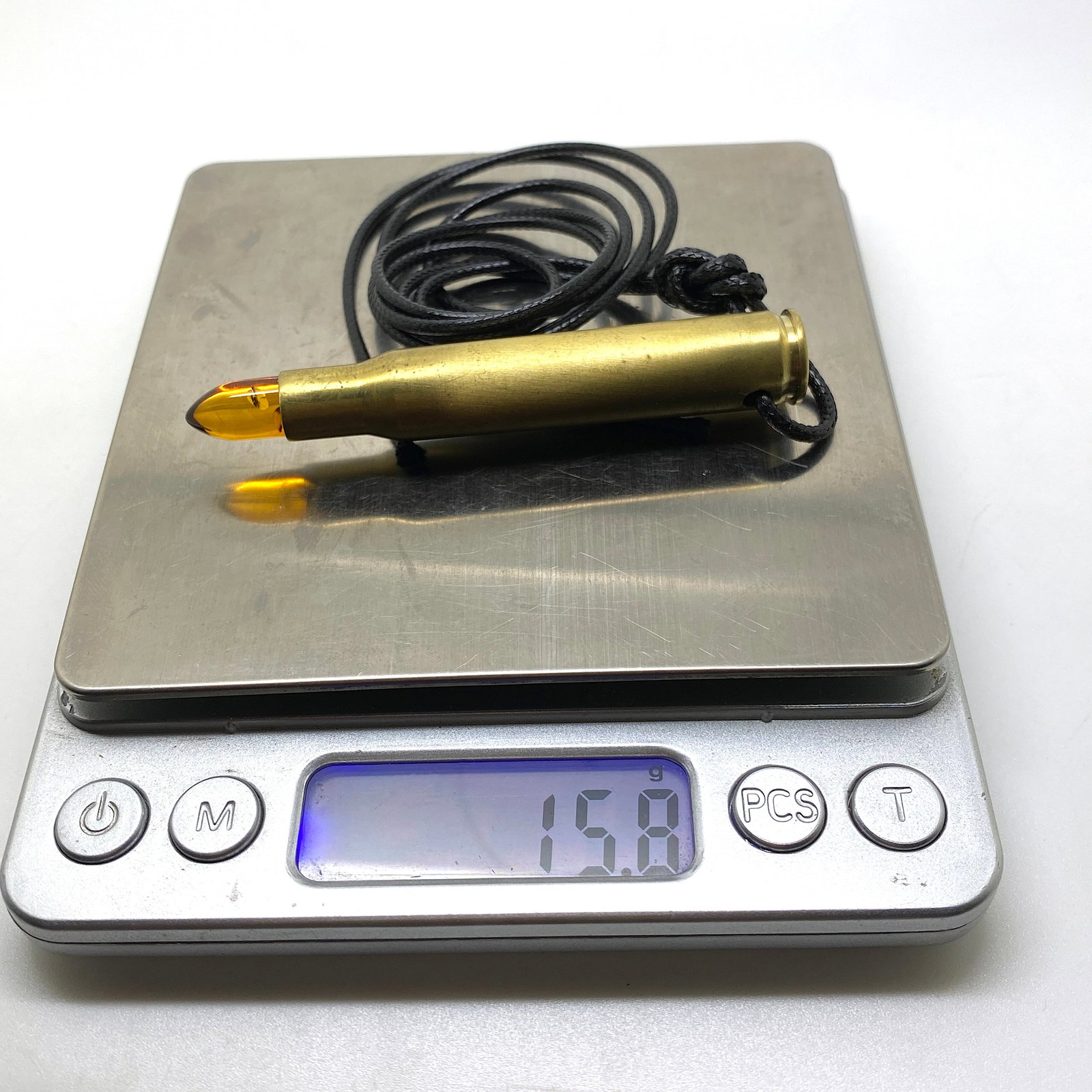 Remarkable Unique Vintage Amber Pendant with chain, shaped like a Bullet - 7