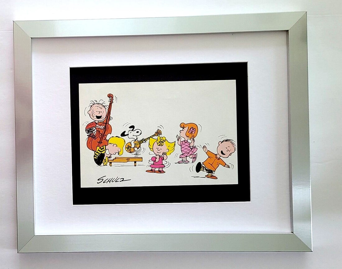 1968 Peanuts Christmas Snoopy Art Signed Schulz in New Silver Frame - 2