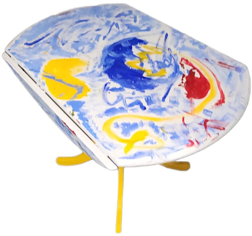 Amazing hand-painted dining table w/ drop leaves... perfect for a kitchen or dinette. 40" diameter. - 2