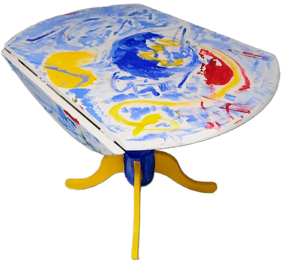 Amazing hand-painted dining table w/ drop leaves... perfect for a kitchen or dinette. 40" diameter. - 3