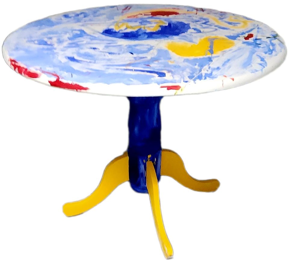 Amazing hand-painted dining table w/ drop leaves... perfect for a kitchen or dinette. 40" diameter. - 5