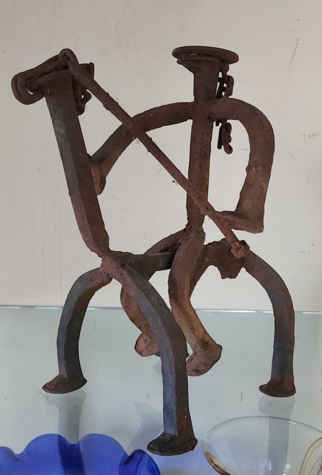 Mid-Century brutalist folk art iron sculpture from horseshoes depicting horse and rider. Circa '68 - 2