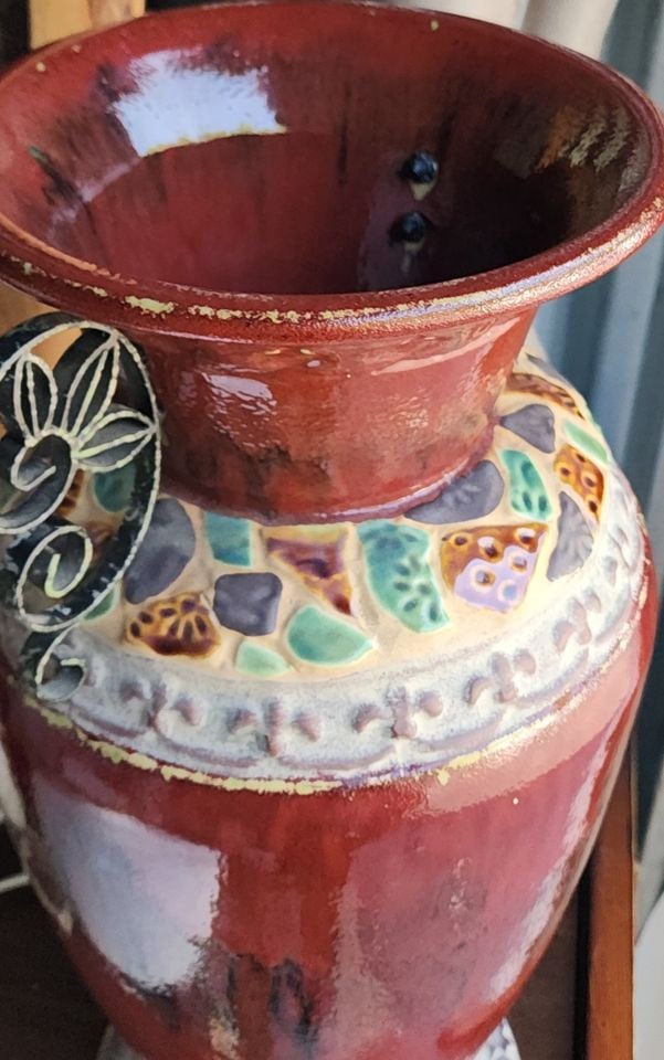 Monumental vintage ceramic & tile art vase attributed to US artist, Peter Schlesinger. 30" high. - 2