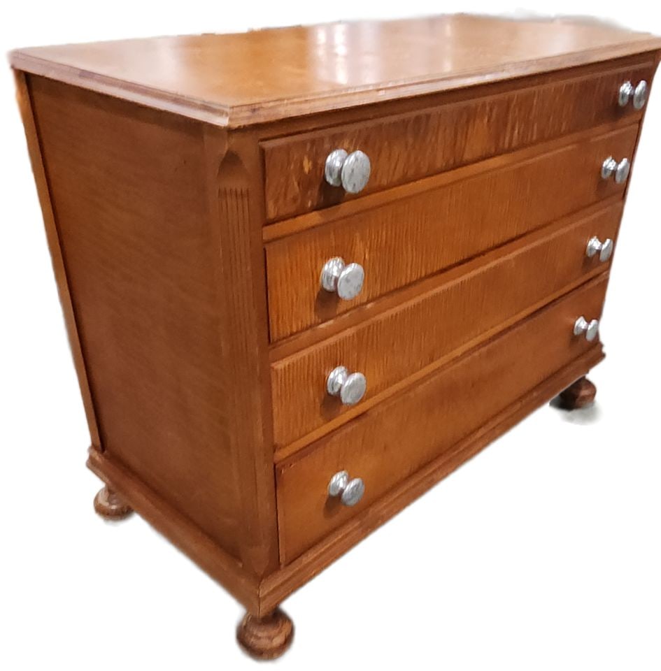 Antique 4-Drawer Tiger Maple Dresser. Watermarks, Scuffs & Scratches on Top Visible at some Angles. (1 of 6)
