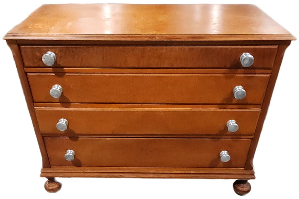 Antique 4-Drawer Tiger Maple Dresser. Watermarks, Scuffs & Scratches on Top Visible at some Angles. - 2