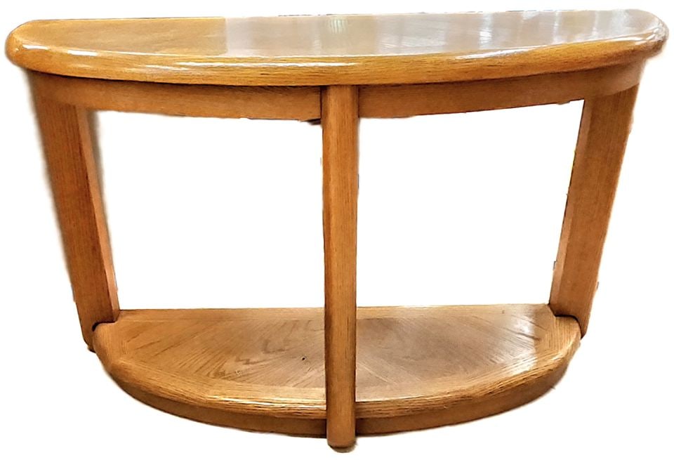 Boldly designed vintage mid-century modern half-moon solid oak console table w/ country influence - 4