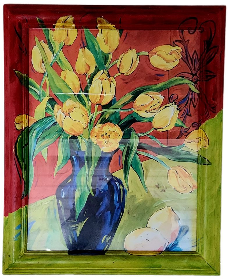 2 of 2 Vintage abstract expressionist paintings under glass w/ hand-painted frame extending image. (1 of 5)