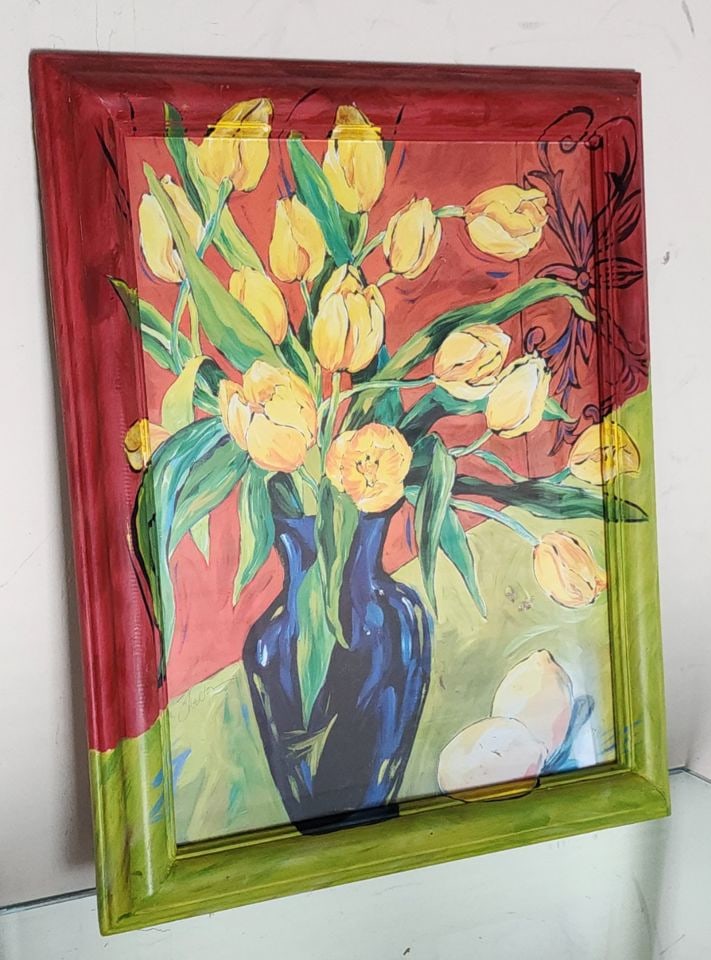 2 of 2 Vintage abstract expressionist paintings under glass w/ hand-painted frame extending image. - 2