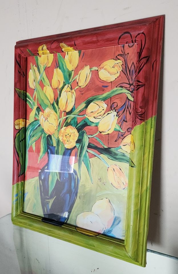 2 of 2 Vintage abstract expressionist paintings under glass w/ hand-painted frame extending image. - 4