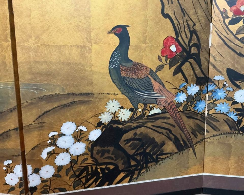 Byōbu iconic collectible vintage Japanese 4-panel hand-painted folding screen. 36h x 17.5w per - 5