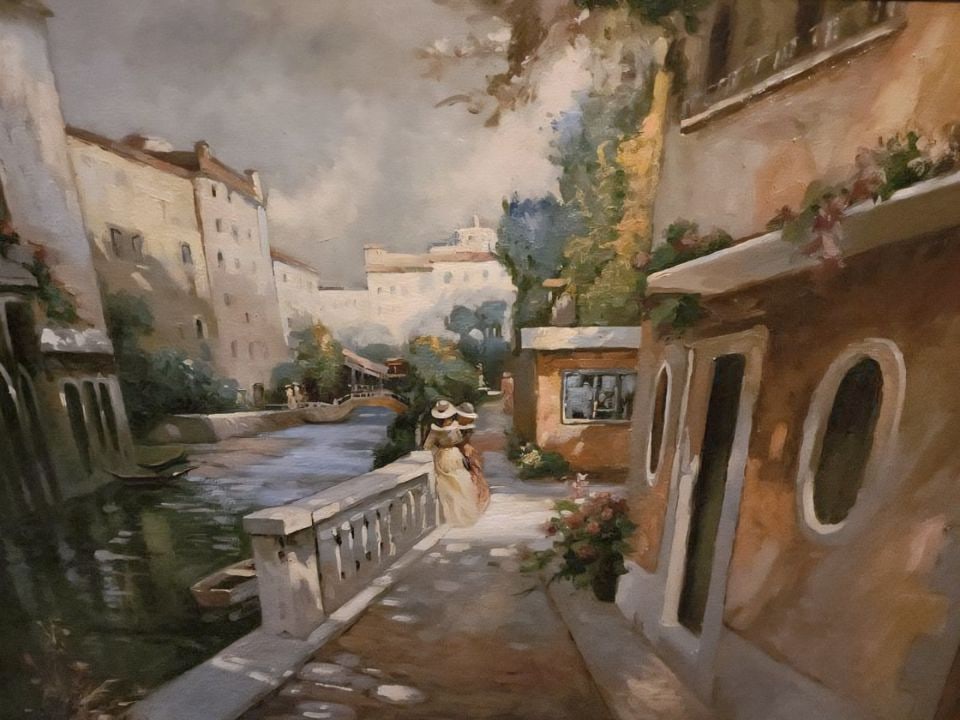 Vincente large masterful vintage impressionist oil painting of turn-of-the century European village. - 2