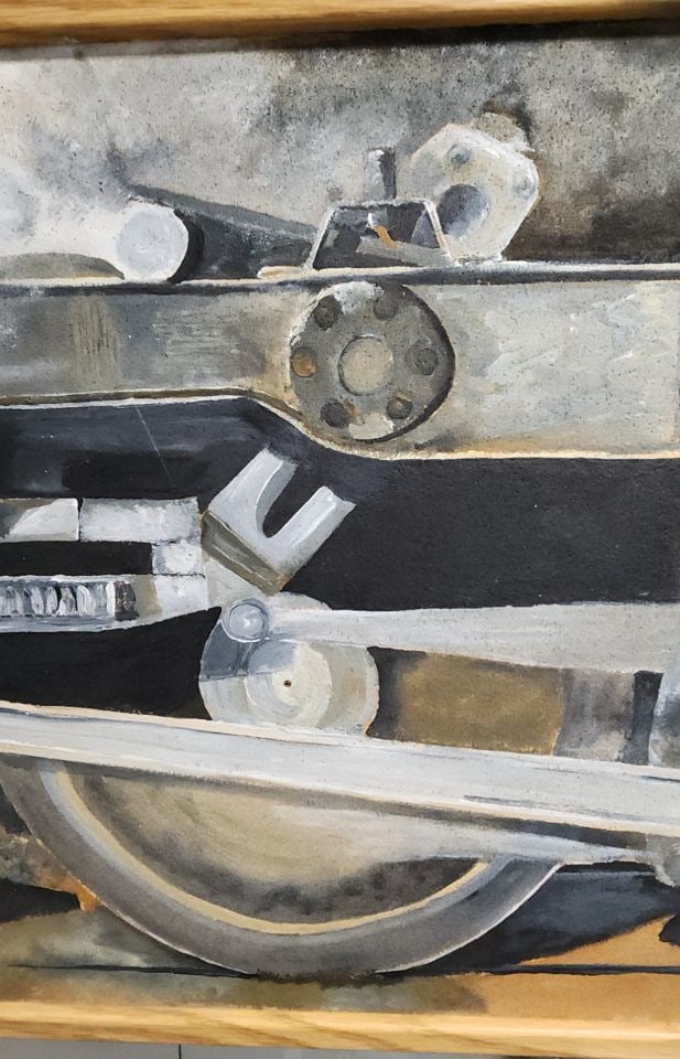 Postmodern oil painting impressionist reproduction depicting a vintage locomotive wheel assembly. - 2