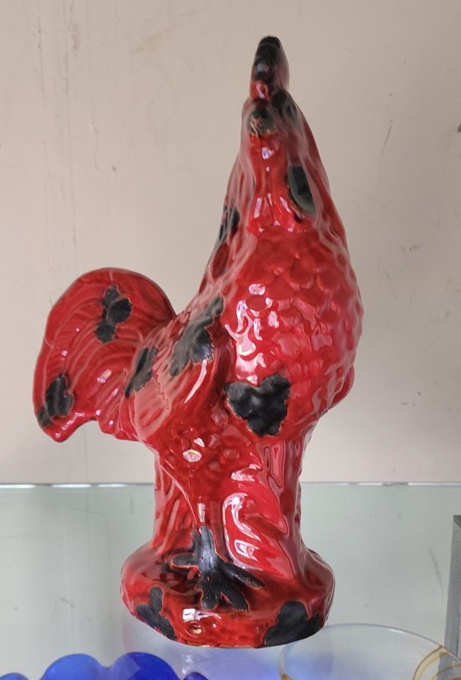Rare vintage large red and black ceramic rooster sculpture w/ high glaze - 3