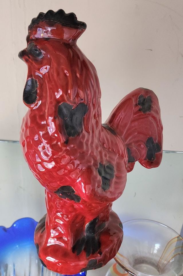 Rare vintage large red and black ceramic rooster sculpture w/ high glaze - 5