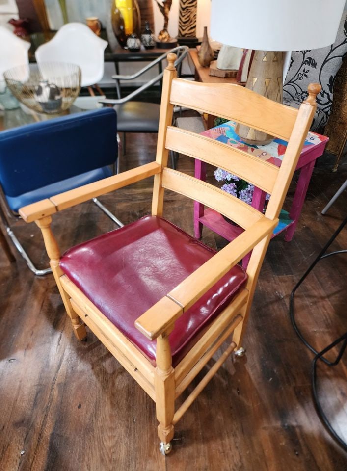 Vintage country rustic farmhouse side chair on rollers great red leather cushioned seat: Title: Vintage country rustic farmhouse side chair on rollers great red leather cushioned seat Description: Vintage country rustic farmhouse side chair on rollers great red leather cushioned seat Plea