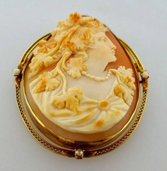 10k Yellow Gold Victorian Carved Cameo Pearl Brooch - 2