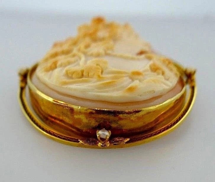 10k Yellow Gold Victorian Carved Cameo Pearl Brooch - 3
