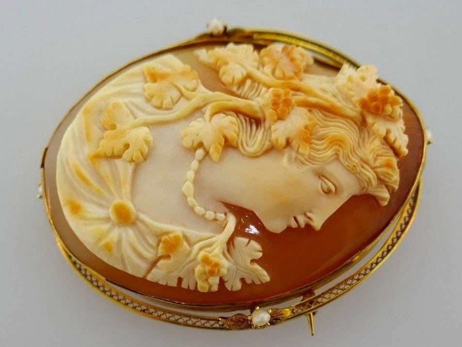 10k Yellow Gold Victorian Carved Cameo Pearl Brooch - 5