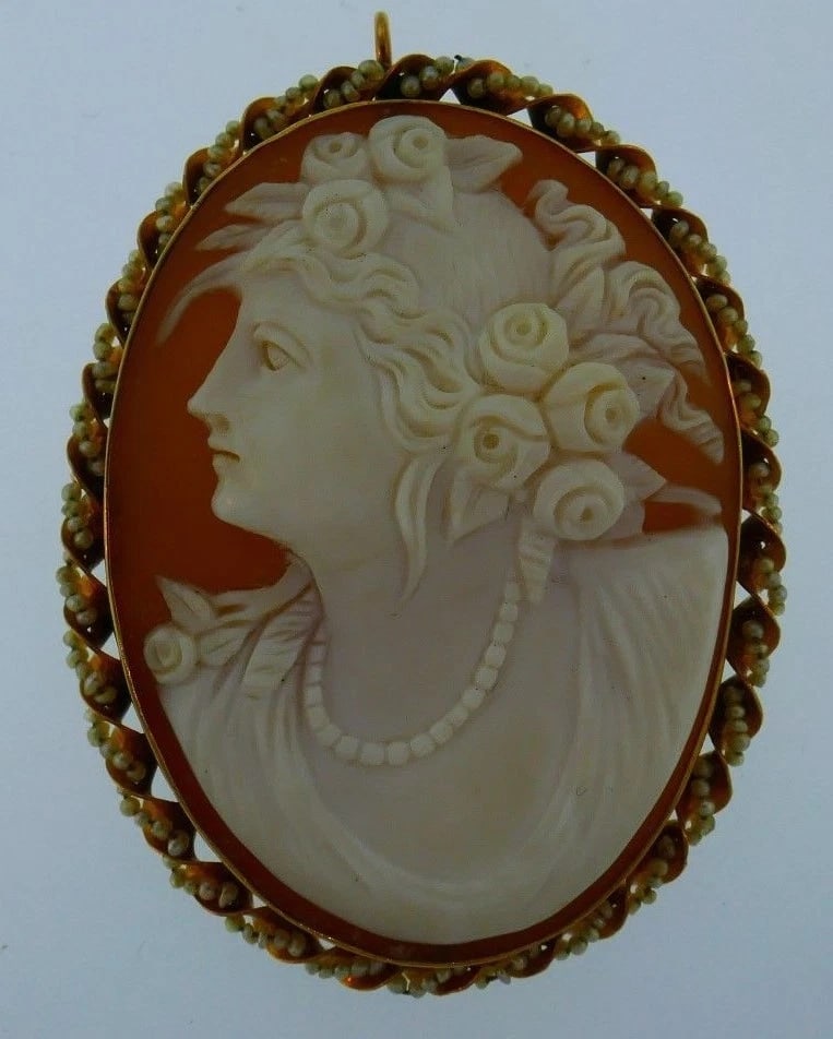 14k Yellow Gold Seed Pearl Carved Cameo Pendant / Pin - 2