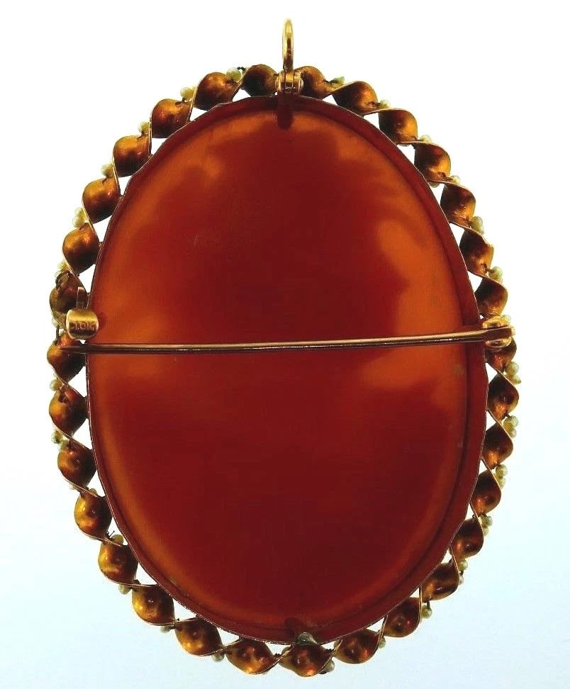 14k Yellow Gold Seed Pearl Carved Cameo Pendant / Pin - 6