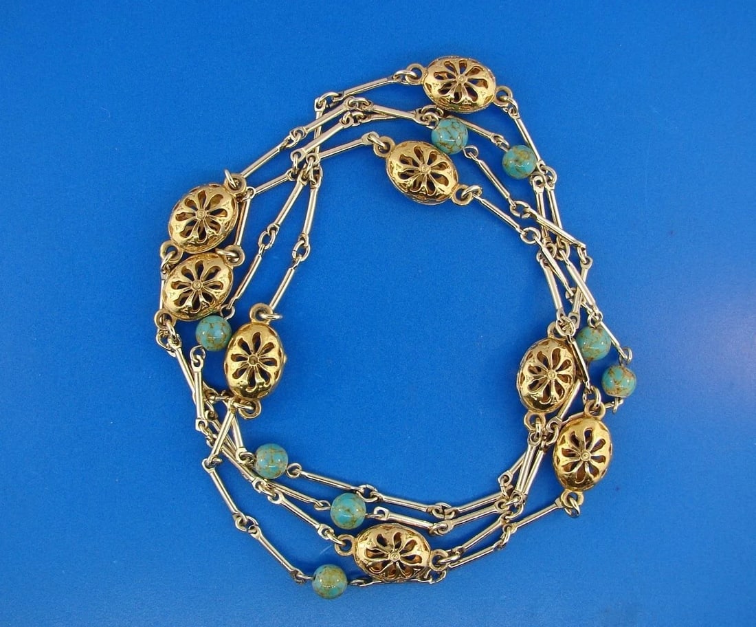 ADORABLE 10k Yellow Gold and Silver Necklace with Turquoise - 2