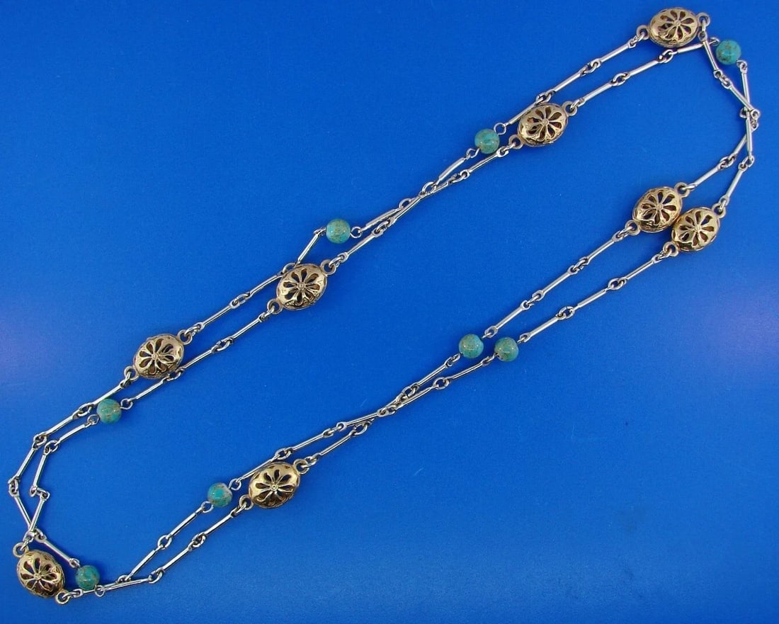 ADORABLE 10k Yellow Gold and Silver Necklace with Turquoise - 4